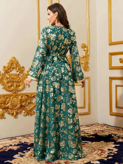 Moroccan Floral Kaftan Abaya - Gold Embroidery Maxi Dress
