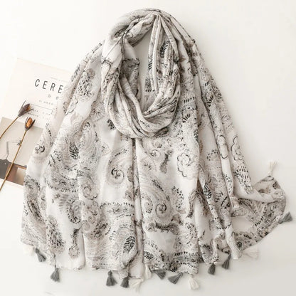 Printed Tassel Hijab Scarf & Shawl for Women | 88×180cm Bohemian Wrap | 60 Designs