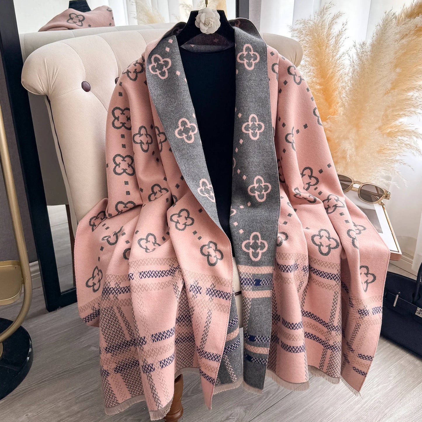 Plaid Blanket Scarf & Shawl – Thick Winter Wrap & Hijab for Women | Black & Pink