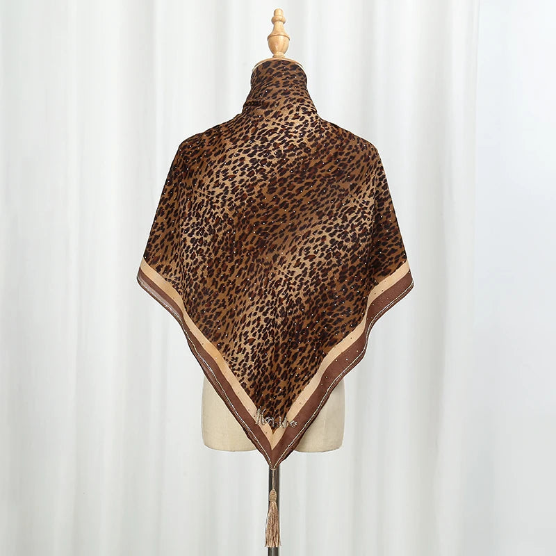 Leopard Print Satin Hijab with Diamond Detail – Square Headscarf & Shawl (4 Colors)