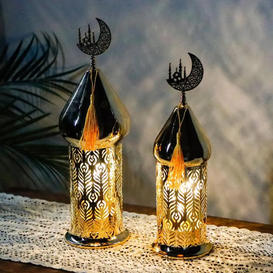 Set of 2 Gold Moroccan Lanterns with LED Fairy Lights & Timer – Metal Laser-Cut Indoor/Outdoor Decor
