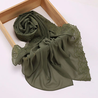 Floral Rose Embroidery Chiffon Hijab, 70 x 175 cm