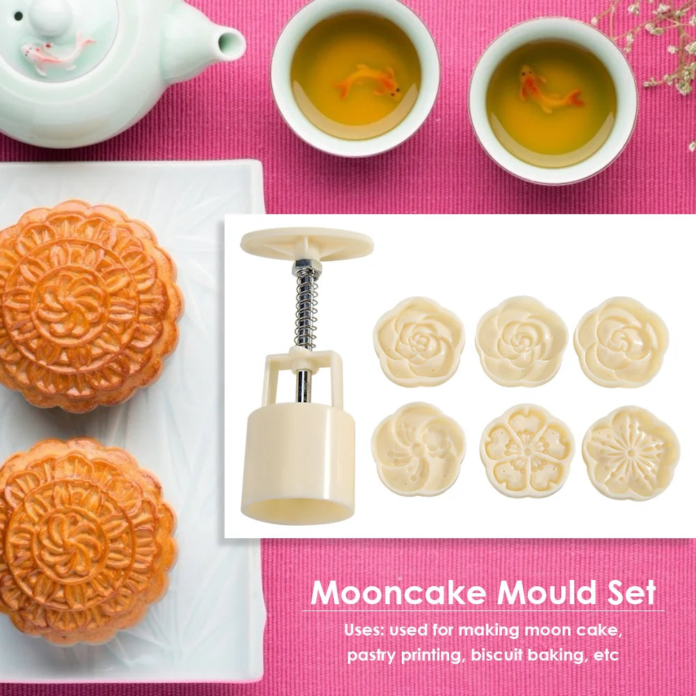 Round Mooncake Mold Set – 6 Flower Patterns, Hand Press for Eid Cookies & Festive Baking