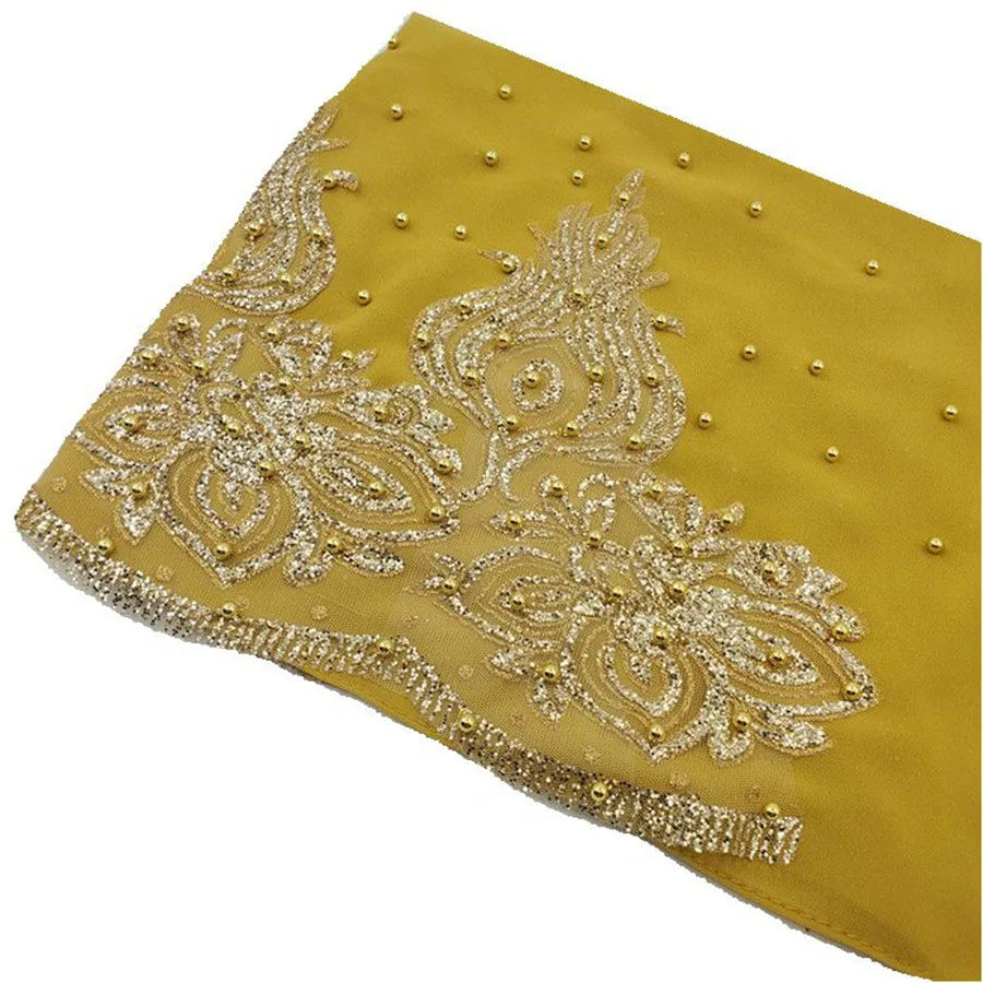 Women's Shimmer Chiffon Hijab Scarf – Gold Glitter & Bead Party Shawl