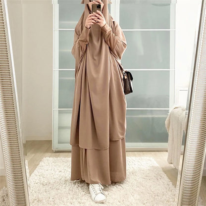 2-Piece Abaya & Long Skirt Set – Soft Stretch Muslim Women’s Prayer Garment | Jilbab Khimar | 8 Colors