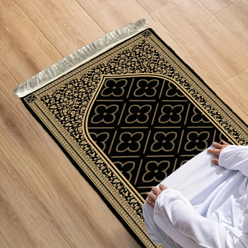 Luxury Black & Gold Floral Prayer Mat – Portable Non-Slip Islamic Rug | Indoor, Outdoor & Pilgrimage | 2 Sizes