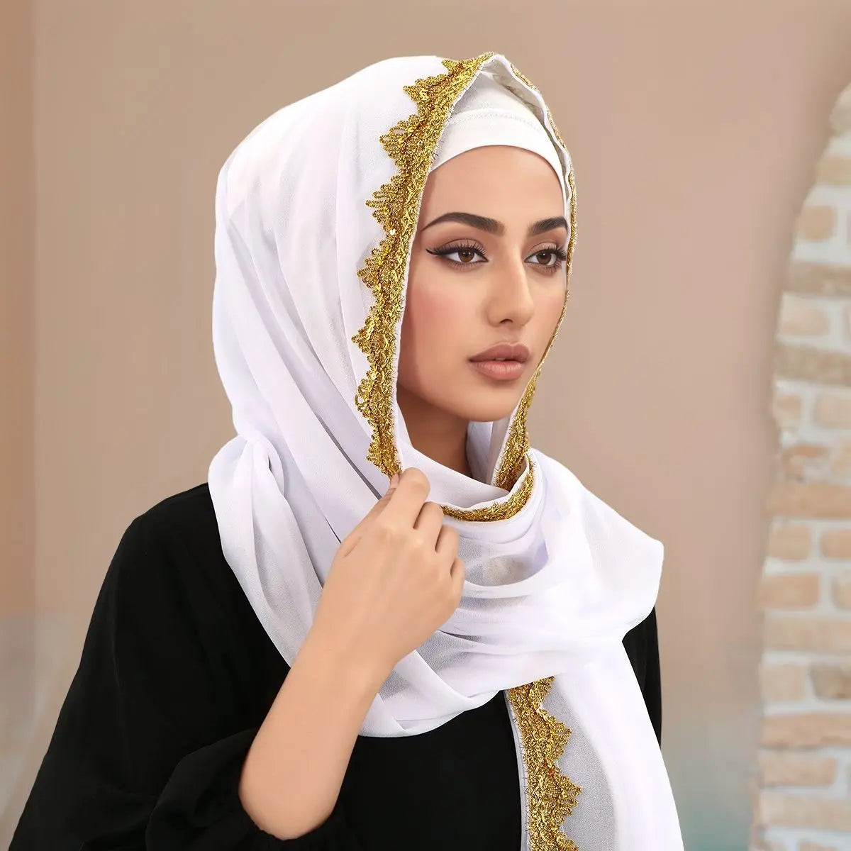 Chiffon Hijab Scarf with Lace & Sequin Detail