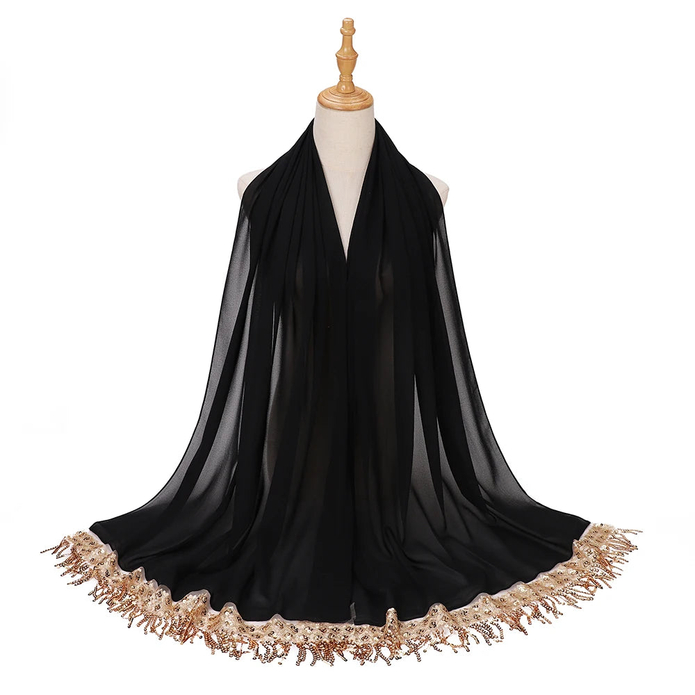 Women's Sequin Tassel Chiffon Hijab – Luxury Long Scarf & Shawl