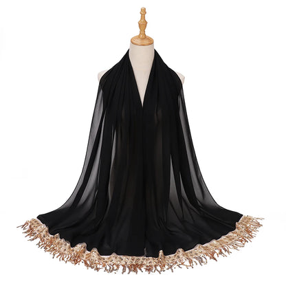 Women's Sequin Tassel Chiffon Hijab – Luxury Long Scarf & Shawl