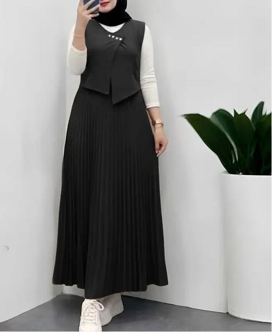 Layered Pleated Muslim Maxi Dress – Color-Blocked Patchwork Abaya Gown | Long Sleeve | S–XXXL | 3 Colors