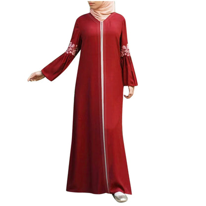Floral Print Zipper Abaya - Long Sleeve Maxi Dress