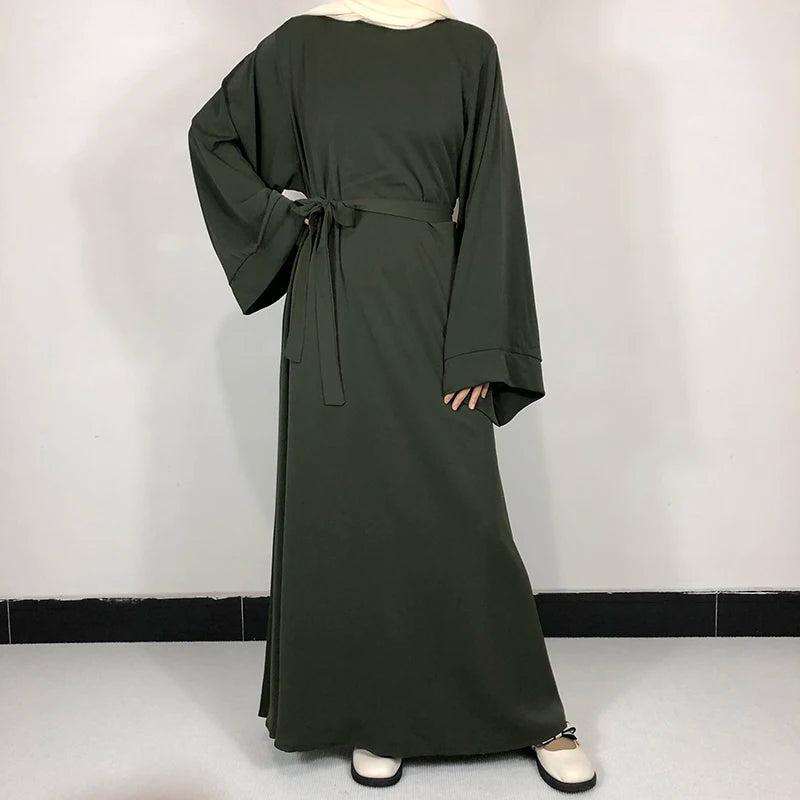 Plain Nida Abaya with Belt – Long-Sleeve Modest Dress
