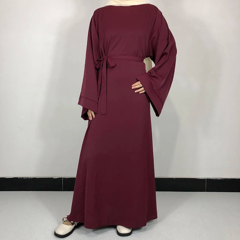 Plain Nida Abaya with Belt – Long-Sleeve Modest Dress