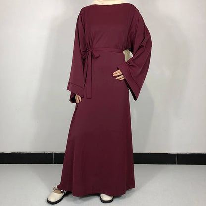 Plain Nida Abaya with Belt – Long-Sleeve Modest Dress