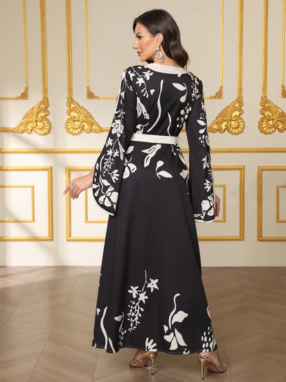 Moroccan Kaftan Abaya - Floral Appliqué Maxi Dress