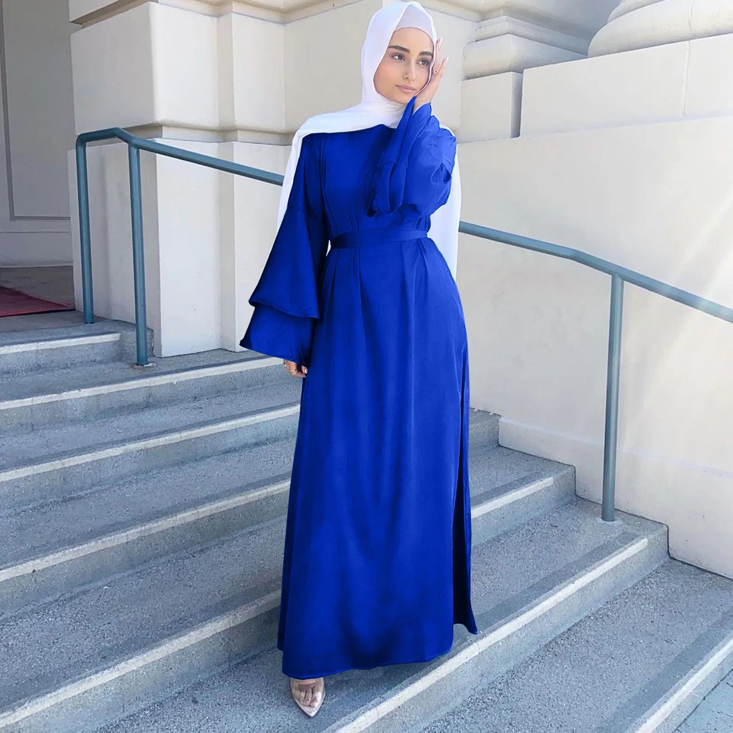 Women's Satin Abaya with Belt – Long Sleeve Maxi Dress, S–XXL