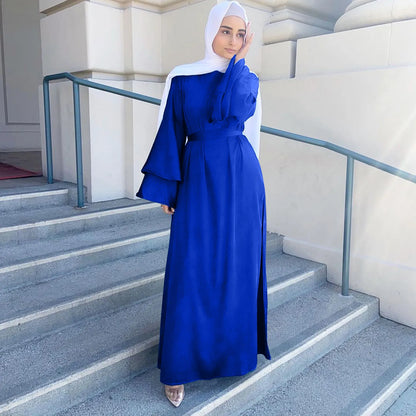 Women's Satin Abaya with Belt – Long Sleeve Maxi Dress, S–XXL