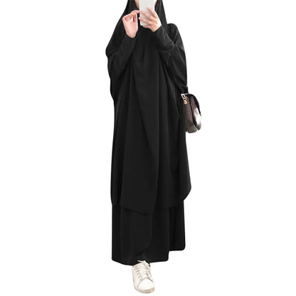 2-Piece Abaya & Long Skirt Set – Soft Stretch Muslim Women’s Prayer Garment | Jilbab Khimar | 8 Colors