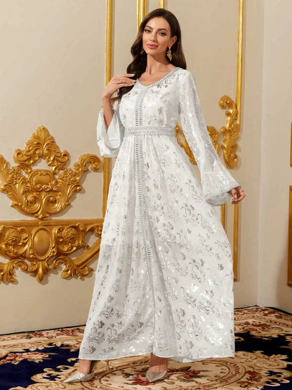 Luxury Satin Abaya Kaftan - Silver Print Maxi Dress