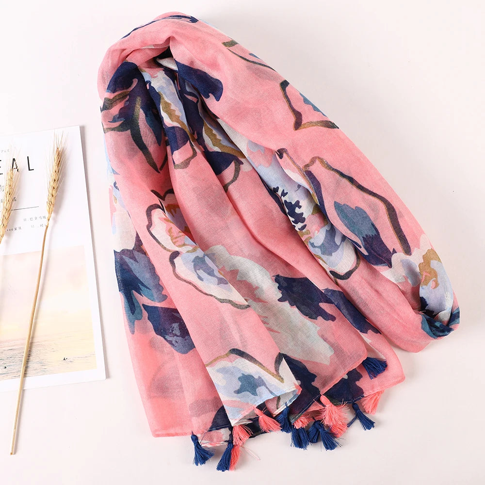 Large Printed Tassel Scarf & Shawl – Cotton Blend Hijab, Beach Wrap & Stole for Women (43 Colors)