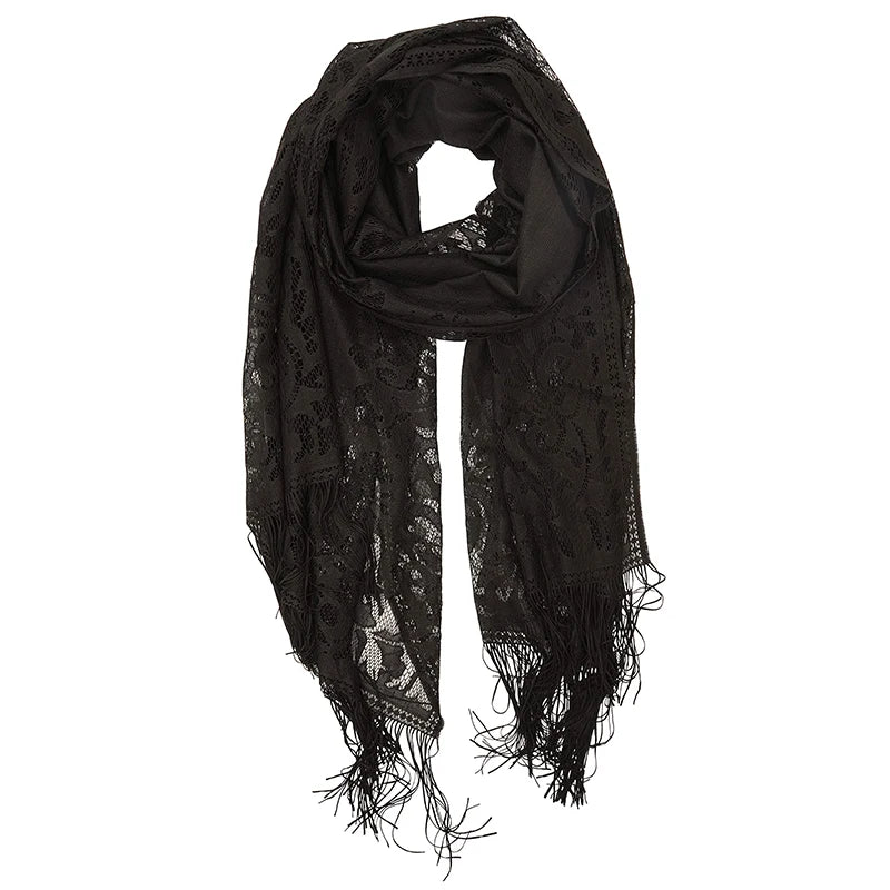 Floral Lace Tassel Scarf – Fringe Shawl & Muslim Hijab for Women | 5 Colors