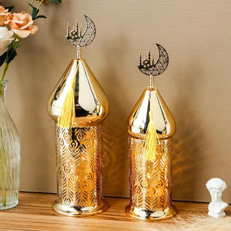 Set of 2 Gold Moroccan Lanterns with LED Fairy Lights & Timer – Metal Laser-Cut Indoor/Outdoor Decor