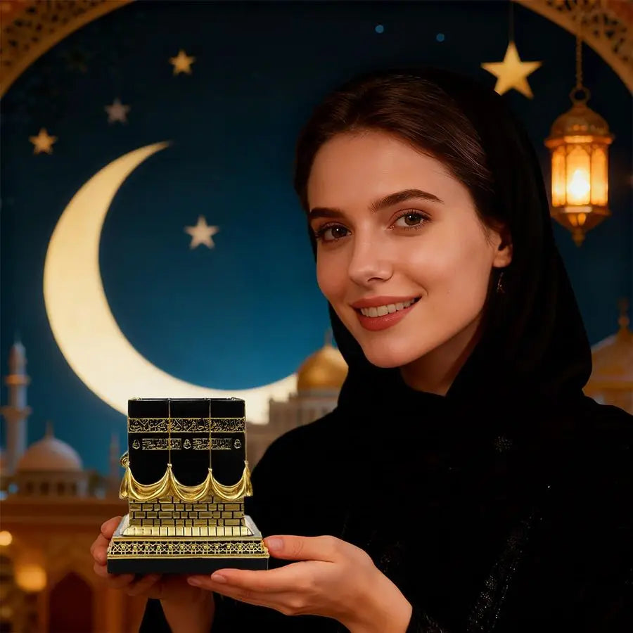Kaaba Replica Resin Ornament | 4.6" Gold & Black Islamic Decor with Arabic Script & Rhinestones