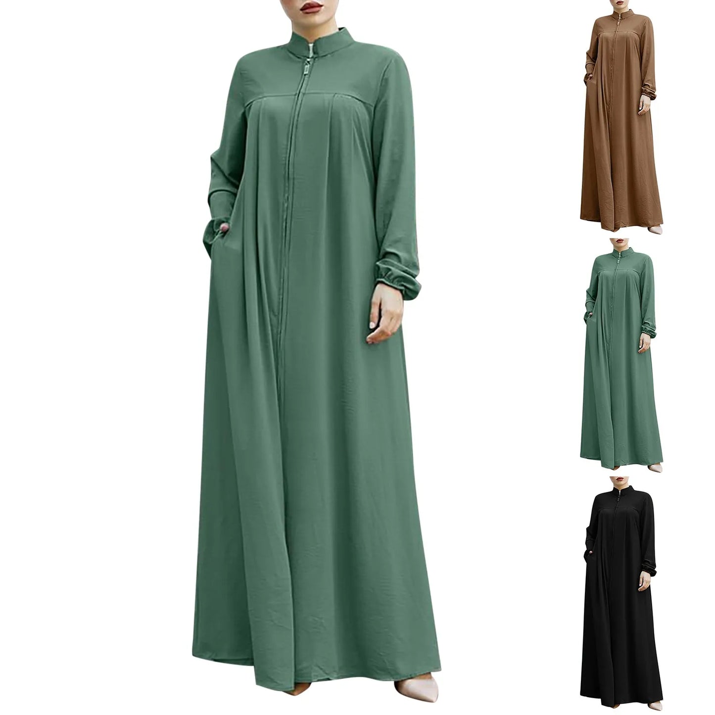 Women's Front Zip Stand-Collar Abaya with Pockets – Loose Fit, S–XXL