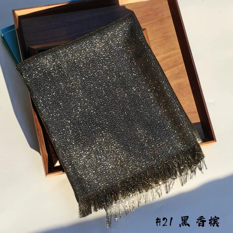 Shiny Fringe Hijab Shawl - 200x80cm Rayon Solid Color Women's Head Wrap