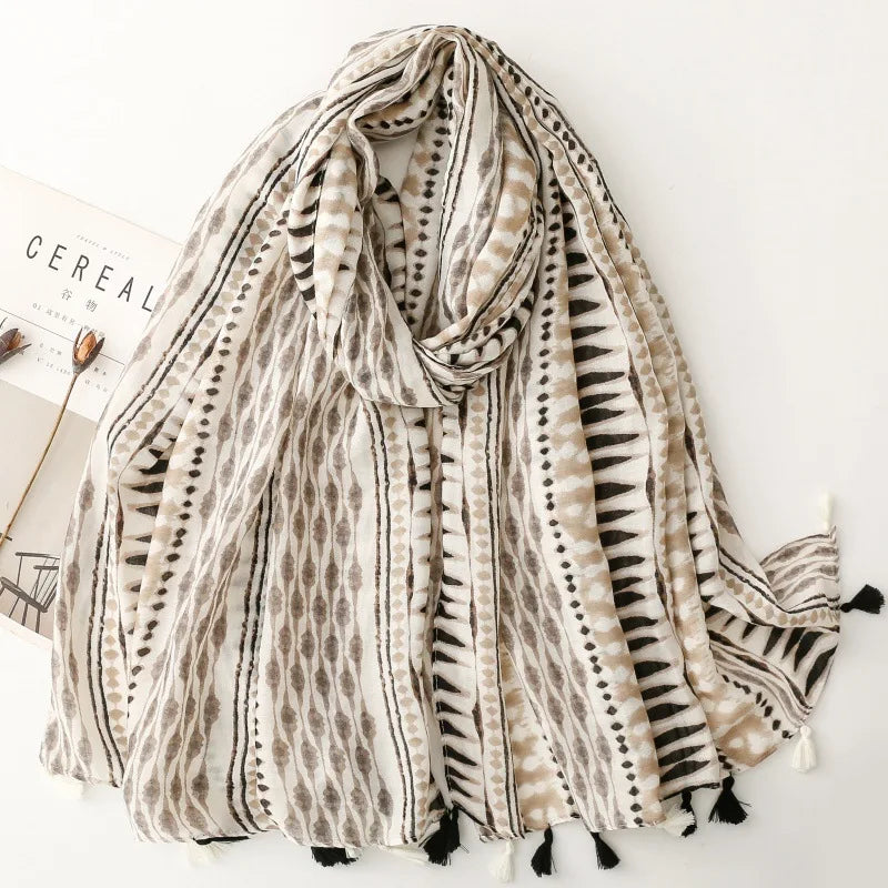 Printed Tassel Hijab Scarf & Shawl for Women | 88×180cm Bohemian Wrap | 60 Designs