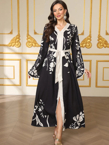 Moroccan Kaftan Abaya - Floral Appliqué Maxi Dress