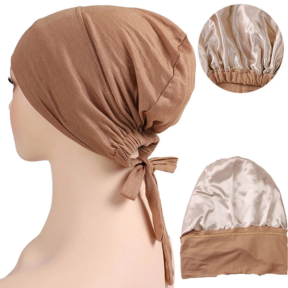 Satin Hijab Undercap with Tie | Double Layer Inner Cap Bonnet for Women | 15 Colors