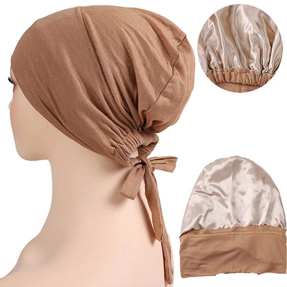 Satin Hijab Undercap with Tie | Double Layer Inner Cap Bonnet for Women | 15 Colors