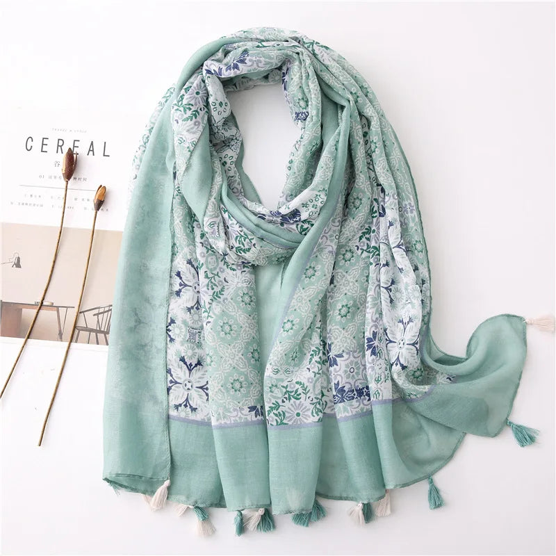 Printed Cotton Tassel Scarf – Large 180x90cm Hijab, Shawl & Beach Wrap (43 Colors)