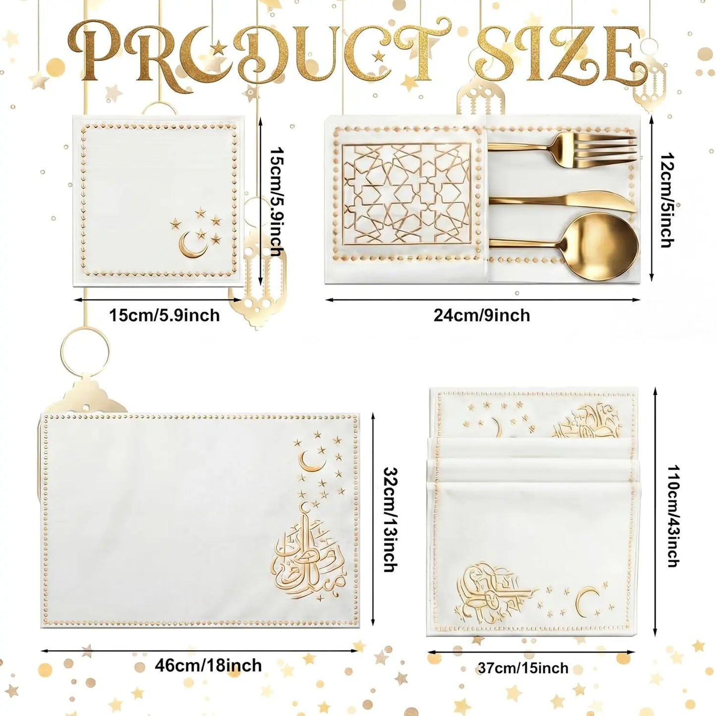 Ramadan Linen Table Decor Set – 19-Piece Islamic Embroidery Placemats, Runner, Coasters & Cutlery Bags