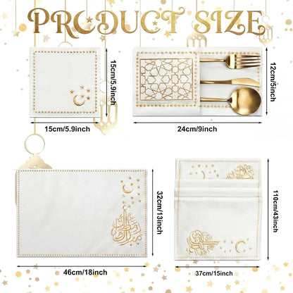 Ramadan Linen Table Decor Set – 19-Piece Islamic Embroidery Placemats, Runner, Coasters & Cutlery Bags