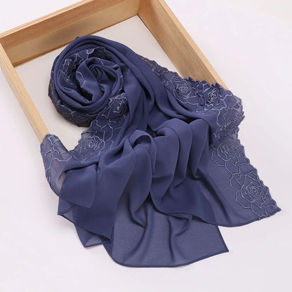 Floral Rose Embroidery Chiffon Hijab, 70 x 175 cm