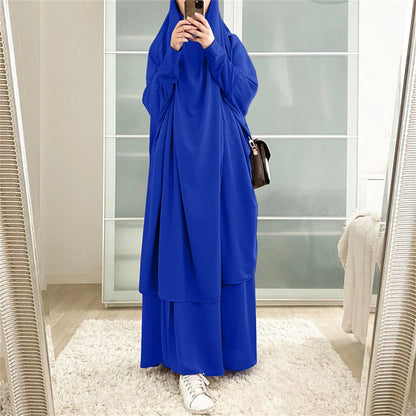 2-Piece Abaya & Long Skirt Set – Soft Stretch Muslim Women’s Prayer Garment | Jilbab Khimar | 8 Colors