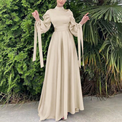 Lantern Sleeve Abaya - Belted Broadcloth Maxi Dress
