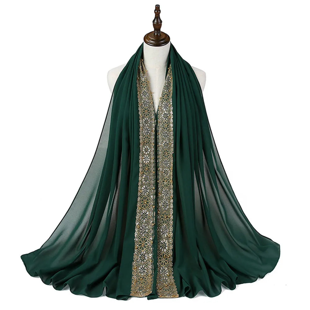 Women's Beaded Lace Chiffon Hijab Scarf – Elegant Islamic Headscarf