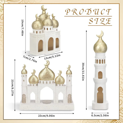 Mosque Tower Sculpture Set – Gold & White Ramadan Eid Decor (3 Pcs)
