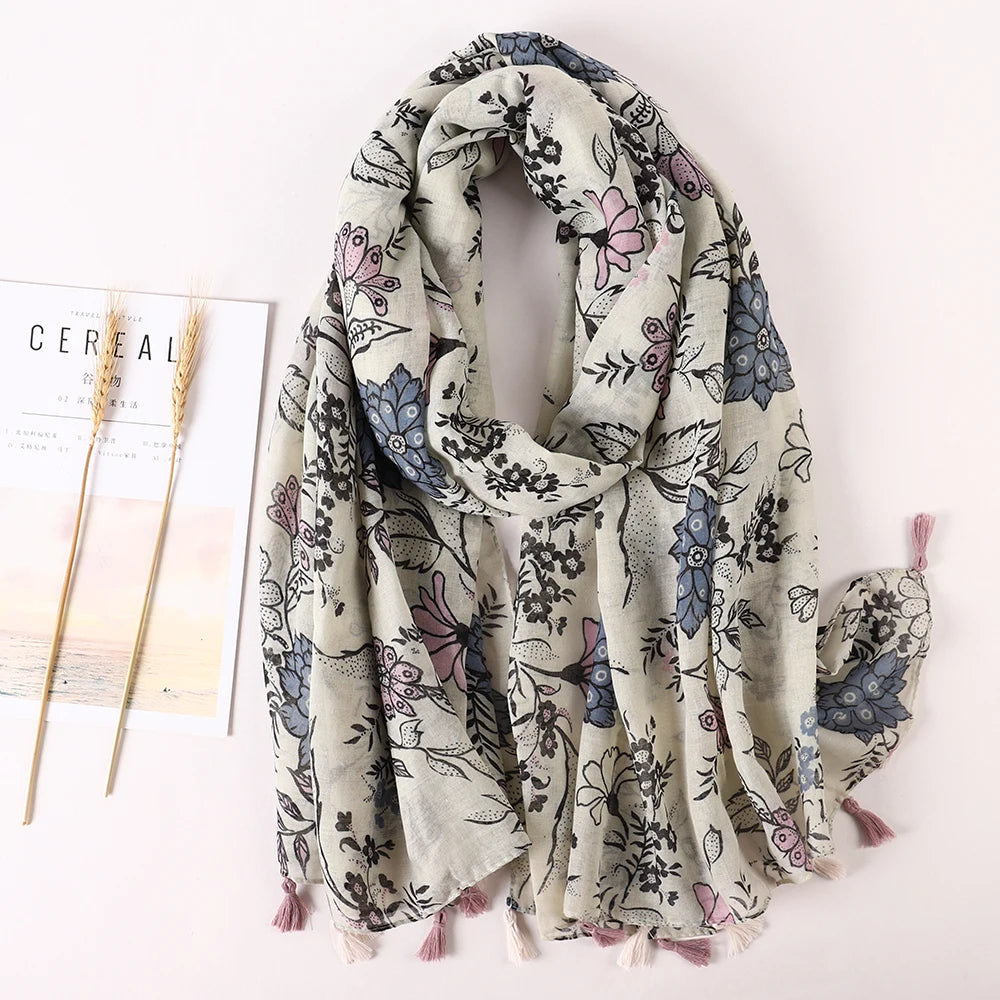 Printed Cotton Tassel Scarf – Large 180x90cm Hijab, Shawl & Beach Wrap (43 Colors)