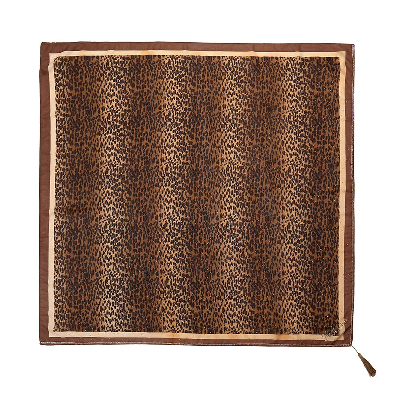 Leopard Print Satin Hijab with Diamond Detail – Square Headscarf & Shawl (4 Colors)