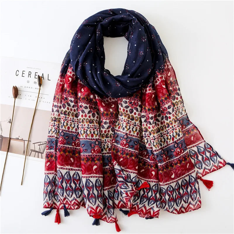 Large Printed Tassel Scarf & Shawl – Cotton Blend Hijab, Beach Wrap & Stole for Women (43 Colors)