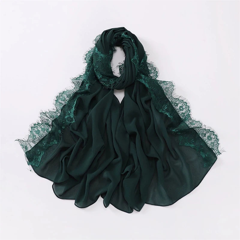 Plain Soft Hijab with Lace Trim – Lightweight Chiffon Muslim Headscarf & Shawl | 170×70cm | 12 Colors