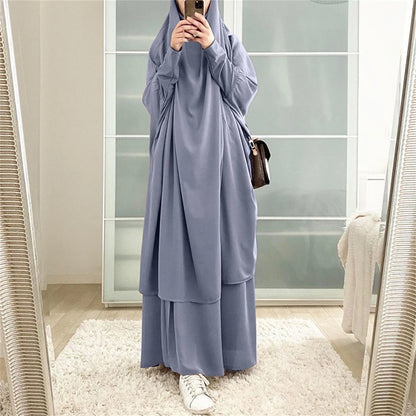 2-Piece Abaya & Long Skirt Set – Soft Stretch Muslim Women’s Prayer Garment | Jilbab Khimar | 8 Colors