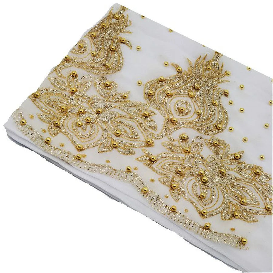 Women's Shimmer Chiffon Hijab Scarf – Gold Glitter & Bead Party Shawl