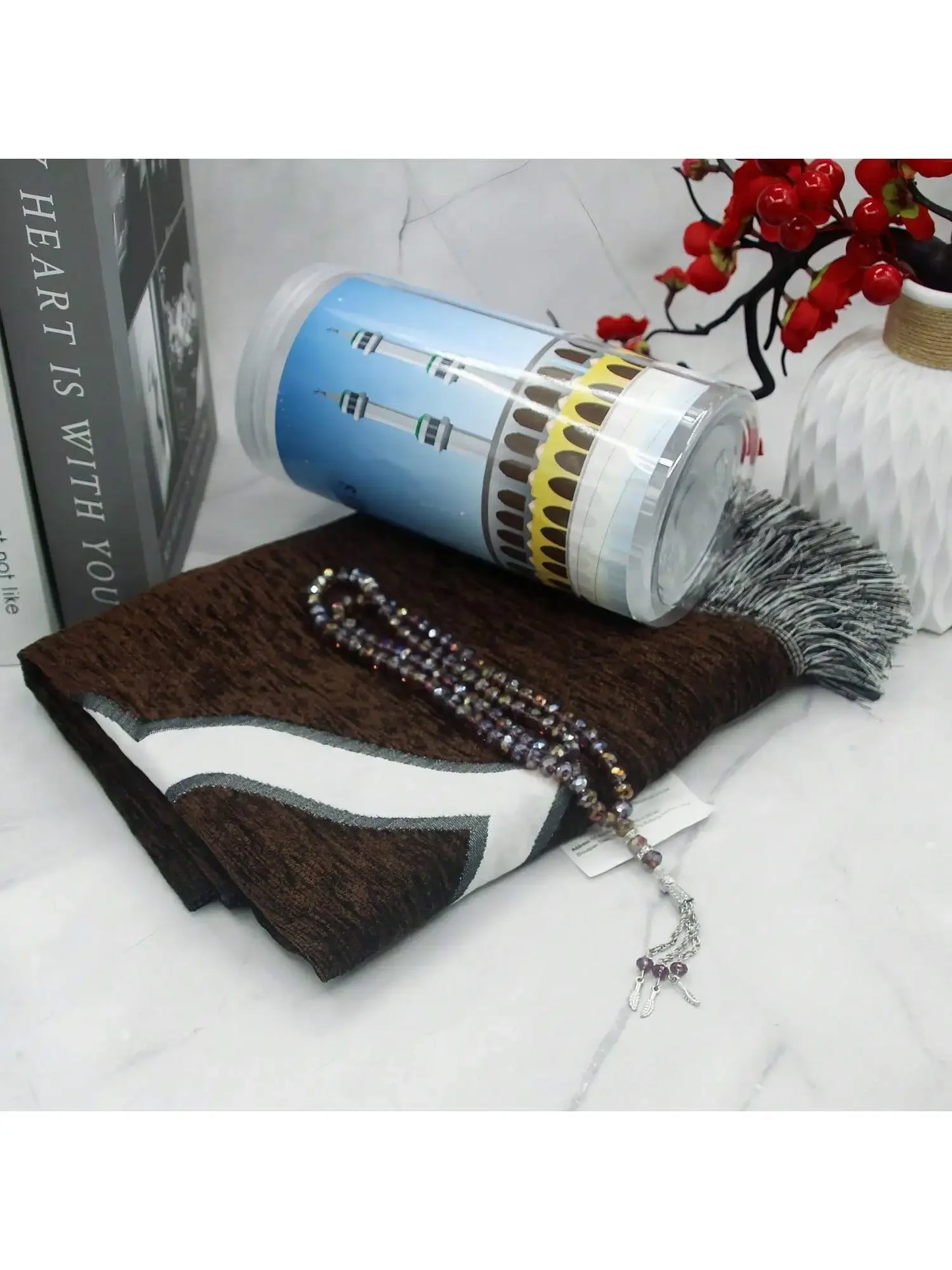 Islamic Prayer Mat & Prayer Beads Gift Set – Cylinder Gift Box | 70×110cm | 6 Colors