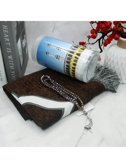 Islamic Prayer Mat & Prayer Beads Gift Set – Cylinder Gift Box | 70×110cm | 6 Colors