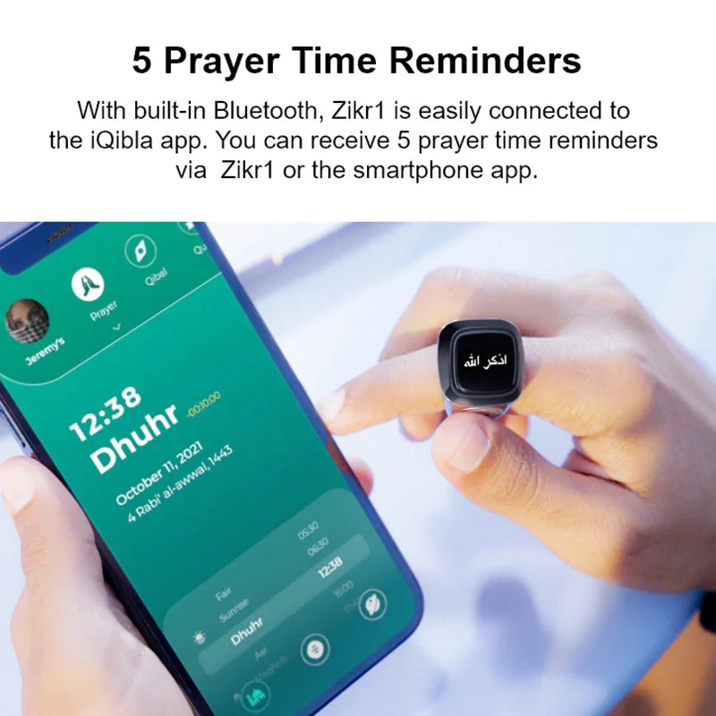 iQibla Smart Tasbeeh Ring M02 PRO – Bluetooth 5.1, OLED Display, 5 Prayer Reminders